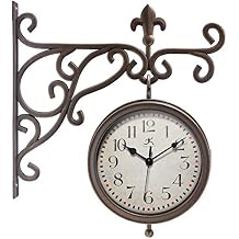 Infinity Instruments Beauregard 8 inch Outdoor Clock Thermometer Combo for Patio Porch Garden Outdoor Decorative Double-Sided Resin Clock Thermometer Wall Hanging with Bracket