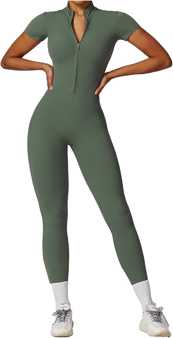 Womens Short Sleeve Workout Jumpsuit Zip Up Yoga Rompers Sexy Tummy Control One Piece Bodycon Bottom Pants