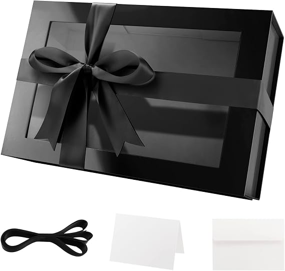 PACKQUEEN Large Black Magnetic Gift Box with Window, Ribbon 13.5x9x4.1 In