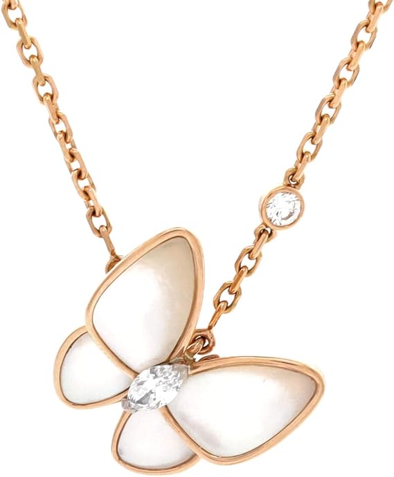 Pre-Loved Two Butterfly Pendant Necklace 18K Rose Gold with Mother of Pearl and Diamonds, Rose Gold