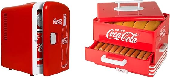 Coca-Cola Classic Coke Bottle 4L Mini Fridge w/ 12V DC and 110V AC Cords, 6 Can Portable Cooler & Nostalgia Extra Large Diner-Style Coca-Cola Hot Dog Steamer and Bun Warmer, 24 Hot Dog and 12 Bun