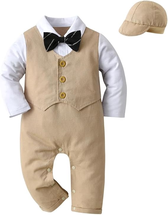 Dressy Daisy Infant Baby Boy One Piece Vest Suit Set with Hat Onesie Gentleman Formal Romper Outfit, Black/Khaki