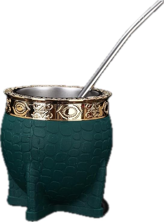 Mate Imperial Argentino Kit Mate, Taza de te Acero Inoxidable, With Straw Tea Gourd Mug One Bombilla (Straw), Wrapped Handmade Leather Ideal for Gift and Travel (Green)