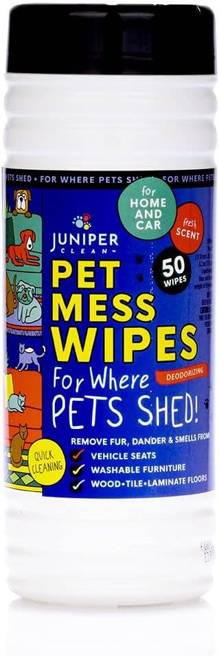 Juniper CLEAN, Pet Mess Wipes for Pets Cleansing, Wipes for Dogs and PuppiesRemove Fur, Dander, Smells from Vehicle Seats, Washable Furniture, Wood, Tile, and Laminate Floors, 50 Count (Pack of 1)
