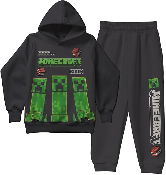 Minecraft Boys 2-Piece Fleece Sweatshirt and Pants Set, Pullover Hoodie and Jogger Bundle for Kids