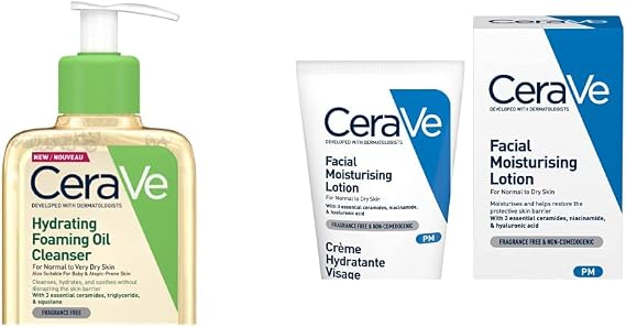 CeraVe Hydrating Foaming Oil Cleanser 236ml for Normal to Very Dry Skin with Squalane & PM Daily Facial Moisturiser Lotion for Normal to Dry Skin 52ml with Niacinamide and 3 Essential Ceramides