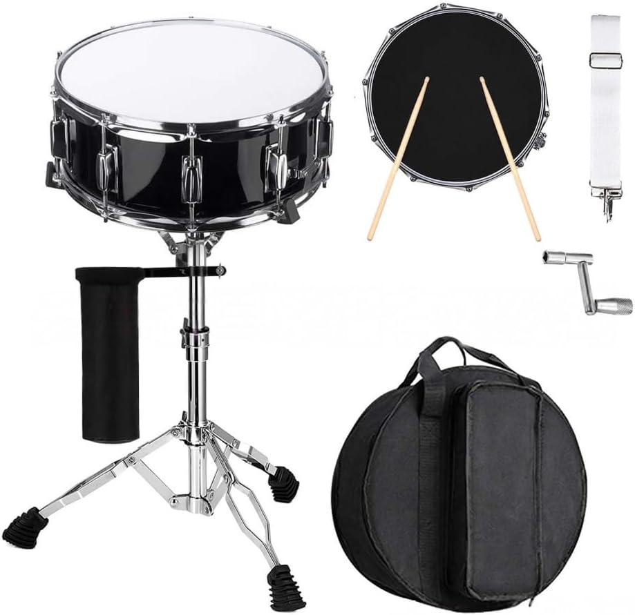 Snare Drum Set, Musical Instrument Percussion Instrument for Beginners, Holiday Gift, Easy to Install, Stand Stick, Key, Bag, Mute Pad, Adjustable Strap, Marching Snare Drum Kit for Student