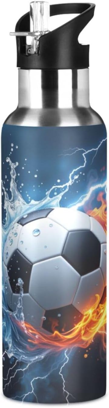 Kcldeci Soccer Ball in Fire and Water Sports Water Bottle 20 Oz Straw Lid Leak Proof Vacuum Insulated Stainless Steel Water Bottles Hot Cold Double Walled Thermo Mug Tumbler Travel Cup