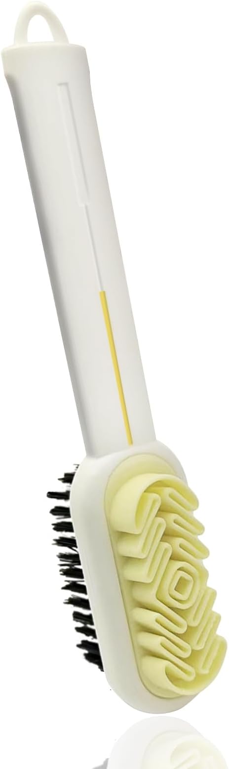 Double-Sided Scrub Suede Shoe Brush, 7.44''x 1.68'' Soft Rubber Shoe Brush with Bristle Brush Portable Hanging Hole Cleaning Brush for Boots Clothes Furniture (White)