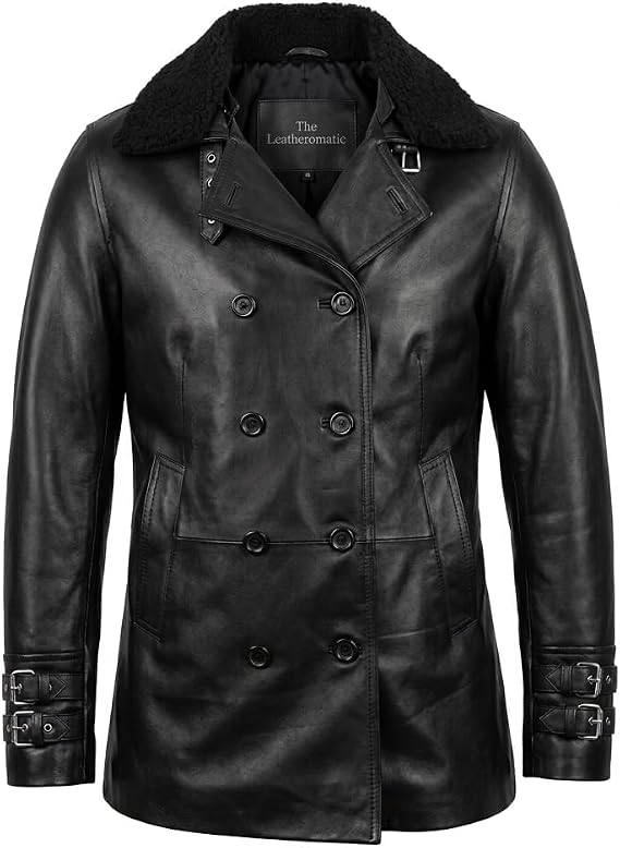 Men\'s Leon S Requiem Black Kennedy Real Leather Resident RE9 Double Breasted Jacket With Fur Collar Coat