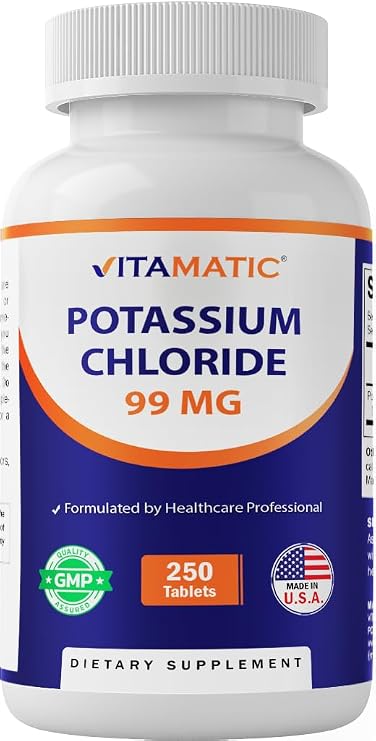 Vitamatic Potassium 99mg 250 Tablets Potassium Chloride for Muscle, Heart & Nerve Function Electrolyte Support Non-GMO, Gluten-Free