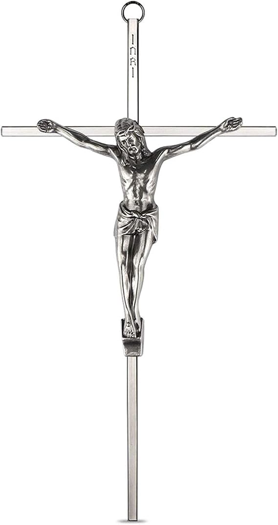 ACHIBANG Crucifix Wall Cross, 10 Inch Silver Metal Catholic Jesus Decor | Jesus corpus & INRI plaque, ring hanger, prayer room entryway, Baptism Confirmation present