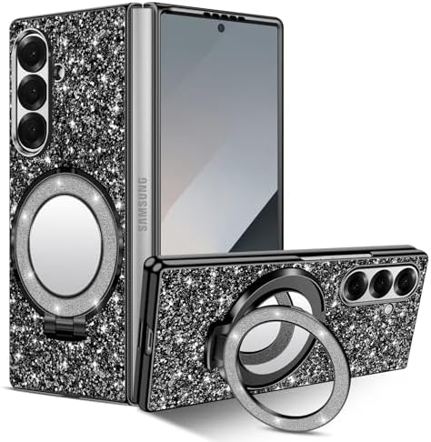 Silicone Case for Samsung Galaxy Z Fold 7 5G Phone Case Glitter Sparkle Bling Matte Back Cases with Mag-Safe, Makeup Mirror, Stand Shockproof Protective Cover for Samsung Z Fold 7 Funda (Black)