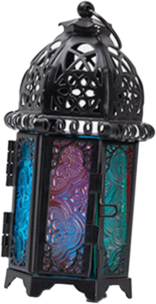 Moroccan Candle Lantern Vintage Metal Holder Colorful Glass Sides Decorative Hanging Lantern for Weddings and Home Decor Black Frame for Indoor and Outdoor Use