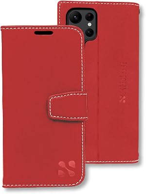 SafeSleeve EMF Protection Samsung Galaxy S22 Ultra Case: RFID Blocking Card Holder Wallet, Adjustable Stand Cell Phone Case, Vegan Leather for Women & Men Red
