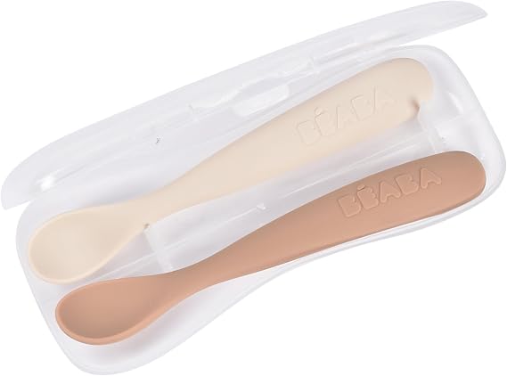 BEABA Baby's First Foods Spoon Set with Travel Case, Original Soft Silicone Baby Spoons, Baby Essentials, Travel Set, Clay