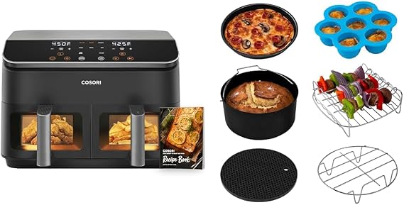 COSORI Dual Basket Air Fryer 9 Qt, Large and Wider Double Airfryer, 8-in-1, Sync Cook & Air Fryer Accessories, Set of 6 Perfect for Most 5.0 Qt and Larger Ovens, Cake & Pizza Pan