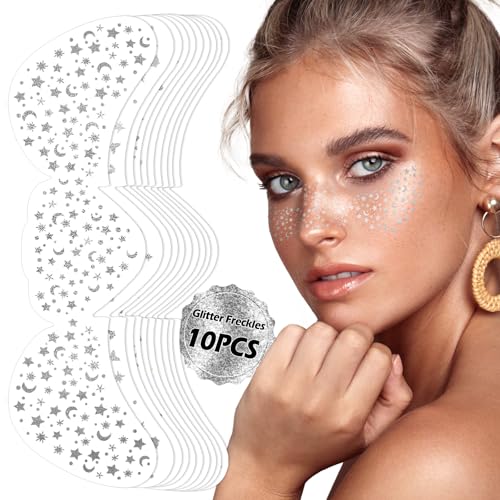 10 Sheets Glitter Freckle Tattoo, Silver Glitter Face Makeup Speckles, Eyes Makeup Accessories Temporary Tattoo for Women and Girls, Cosmetic Freckle for Face