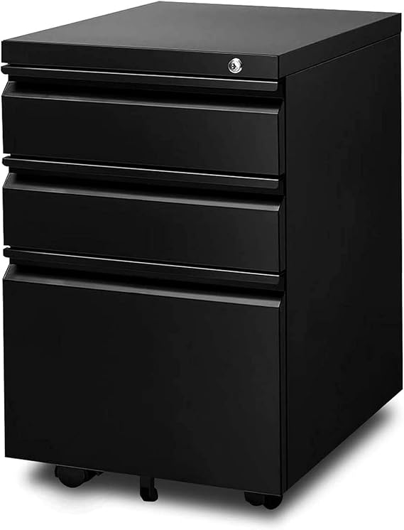 Yiguo 3-Drawer Mobile File Cabinet with Lock, Rolling Office File Cabinet Under Desk, Metal Filing Cabinet with Wheels for Legal Letter A4 File Size (Black)