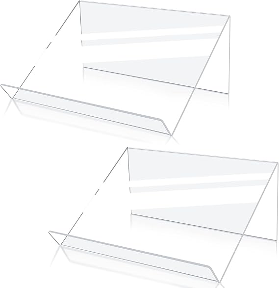 Kamehame Book Stands for Display, 2 Pack Slightly Elevated Clear Acrylic Book Display Stand with 1.5" Ledge, Book Easel Anti-slip Border for Handwriting Reading Art and Laptop, 12"x8.5"x5.1"