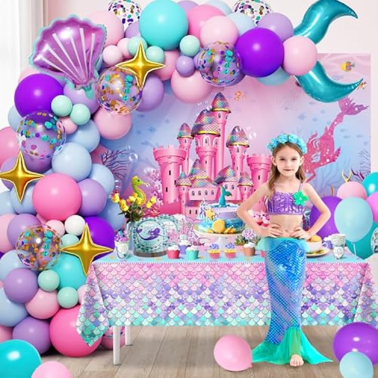 Mermaid Birthday Decorations, Mermaid Party Decorations for Girls with Balloon Sets, Backdrops Cloth, Tablecloths and Other Accessories for Girl Women Pink-Color