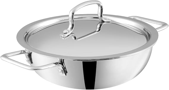 Vinod Platinum Kadai Triply Stainless Steel | Suitable For Indian Cooking, Sauces, Stews, Soups | Deep/ Extra Deep | Induction, Electric Friendly (Extra Deep Kadai, 22cm)
