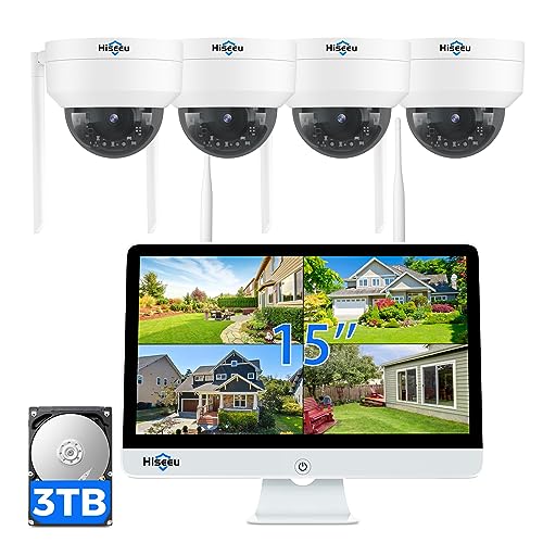 [3TB Storage] Hiseeu Security Cameras Wireless Outdoor System with 15 LCD Monitor 10CH NVR,5MP PTZ Dome Security Cameras System,Explosion-Proof Auto Tracking 4pcs WiFi Camera