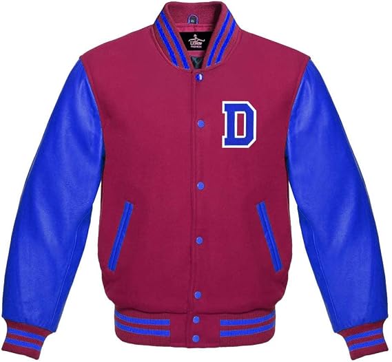 Men's Varsity Baseball Letterman Bomber Wool & Royal Blue Genuine Leather Sleeves D Logo Jacket