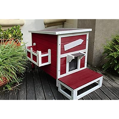 Hicaptain Cat House Outdoor Kitty House Insulated Feral Cat Shelter with Escape Door, Outside Weatherproof Wooden Small Pet House - Single Story Red