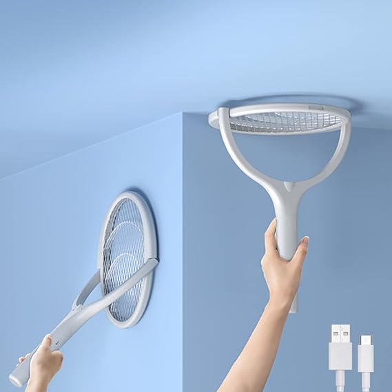 2 Pack BUGZILLA Electric Fly Swatter Racket Rotating Head Type-C Rechargeable Electric Bug Zapper Racket Mosquito Zapper Fly Zapper Racket Gnat Wasp Killer Indoor 2 Pack