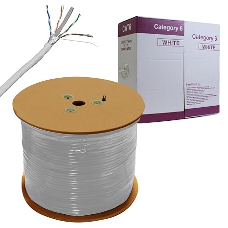 Cat6 1000ft Ethernet Cable, White, 23AWG 4 Pair Solid Bare Copper, 350MHz, ETL Listed, Unshielded Twisted Pair (UTP), Bulk Ethernet Cable