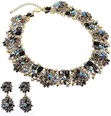 Vintage Crystal Rhinestone Statement Choker Bib Statement Necklace Earring Fashion Costume Jewelry Set for Women