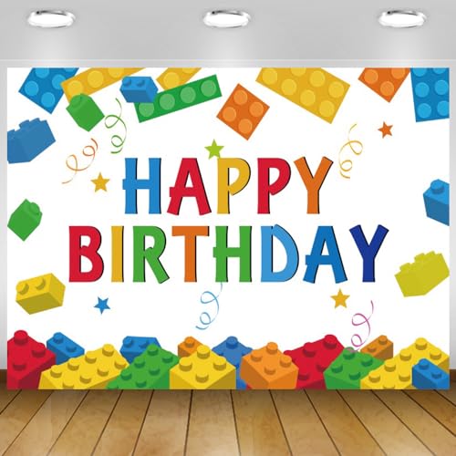 Building Block Happy Birthday Backdrop Banner 7X5ft Colored Polyester Building Block Photography Background for Kids Building Block Birthday Party Decorations Cake Table Banner