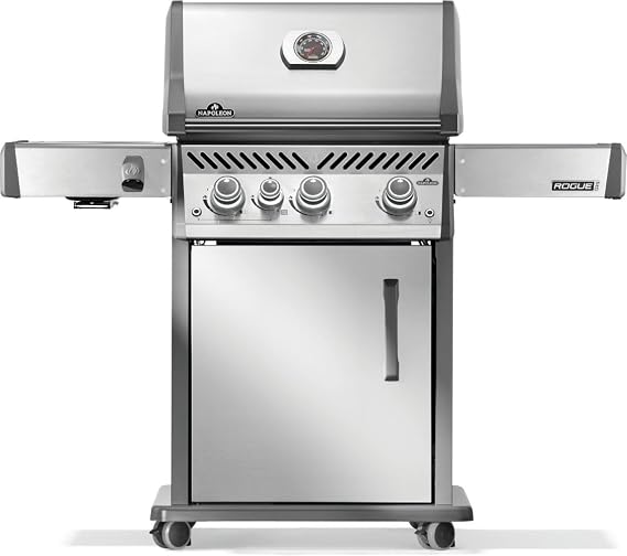 Napoleon Rogue PRO 425 3-Burner Propane Grill with Infrared Side Burner | Stainless Steel, 56,000 BTUs, 716in2 Area, Backlit Knobs, Folding Shelf, Stainless Steel Grates, Locking Caster Wheels