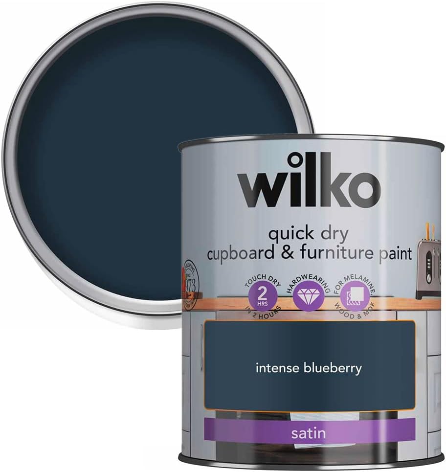 wilko Quick Dry Cupboard & Furniture Intense Blueberry Paint, Hardwearing Quick Dry Furniture Paint, Smooth Satin Finish Furniture Paint, 750ml