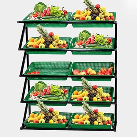 Supermarket Vegetable Shelves, 4 5 Shelf Floor Standing Snack Display Stand, Large Kitchen Potato Onion Produce Racks with Green Brown Baskets, Home Retail Store Fruit Vegetable Food Storage