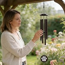 Premium Metal Pet Memorial Wind Chime with Paw Print, Black, for Dog Cat Remembrance, Garden Outdoor Sympathy Bereavement Gift (26inch)