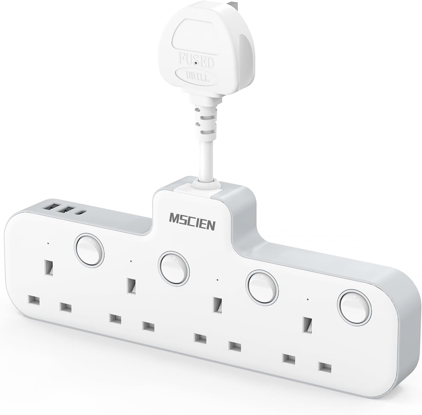 Mscien Multi Plug Extension Socket with USB, 4 Way Plug Adapter, Hanging Plug Extender with Switches for Home, Office, Multiplug Wall Socket Extension