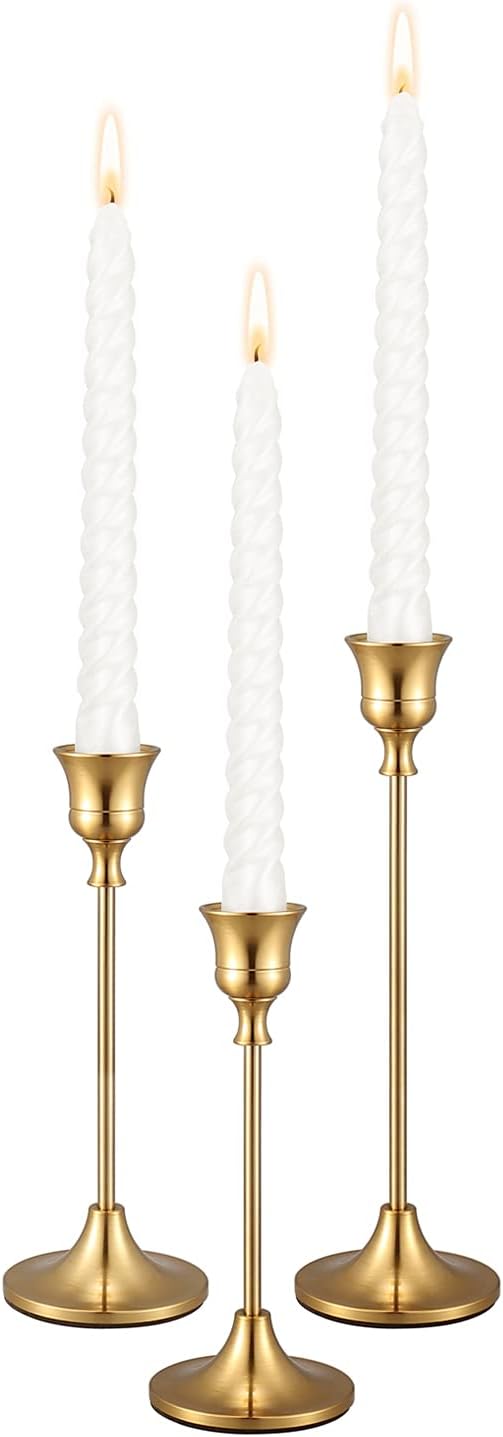 Gold Candlestick Holders Taper Candle Holder - Set of 3 Pcs Brass Gold Candle Stick Holder Centerpieces Decorations for Table, Mantel, Wedding, Dinning, Party(Candles not Include) | Aluminum Alloy, Brushed Plating, Rust Resistant, Non-Slip Base, 3 Sizes, Fits 0.75" Taper & LED Candles, Easy Assemble, Gift