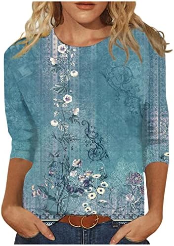 3/4 Length Sleeve Womens Tops 2024 Floral Print Vintage Fashion Casual Loose with Round Neck Plus Size Shirts