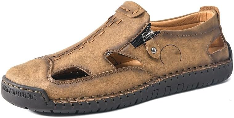 Men's Leather Hollow Athletic Sandals Casual Closed Toe Slip-on Roman Shoes Outdoor Beach Zipper Fisherman Shoes