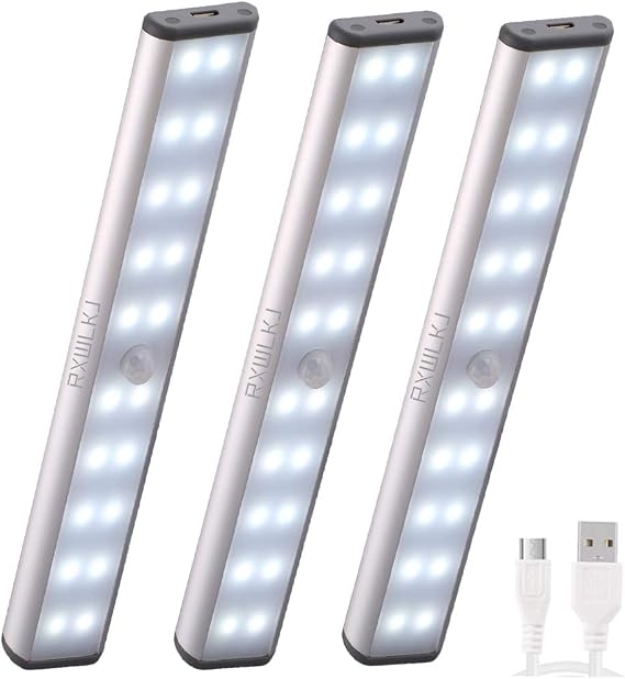 RXWLKJ Rechargeable Motion Sensor Led Lights Under Counter Closet Lighting Battery Operated Light Kitchen 20-Led Under Cabinet Lighting Closet Light Stick On Lights Wireless Night Light (3 Pack)