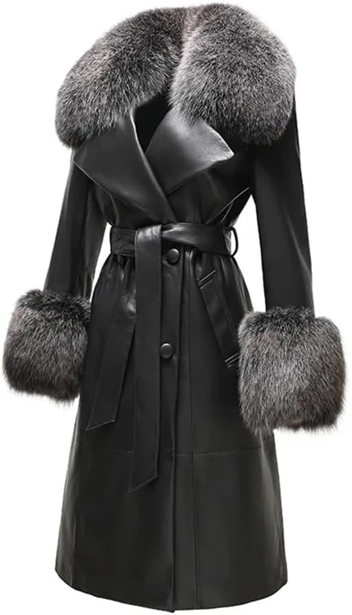 Jacket Autumn and Winter Trench Coat Hair Collar Trench Coat Long Sleeve Belted Long Coat
