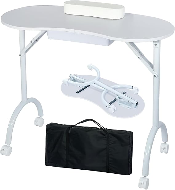 Protable Nail Desk with Drawer,Foldable Manicure Table with Carry Bag for Professional Beauty Nail Salon,Mobile Folding Nail Technician Workstation,White