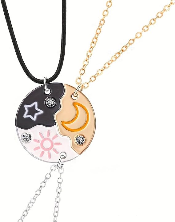 BFF Necklace 3 Person Sun Moon Star Friendship Necklace 3 Cute Best Friend Necklace 3 Best Friend Forever 16.14 inch, Metal, No