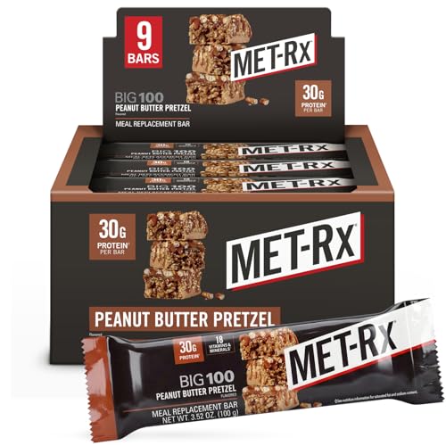 MET-Rx Big 100 Colossal Protein Bars, Great as Healthy Meal Replacement, Snack, and Help Support Energy, Peanut Butter Pretzel, With Vitamin A, Vitamin C, and Zinc, 100 g, Pack of 9