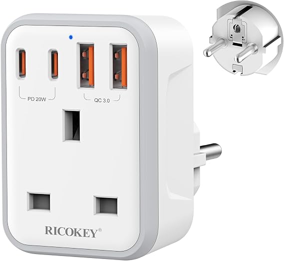 UK to European Travel Plug Adapter Fast Charge PD 20W USB-C QC 3.0