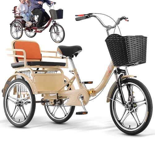 Adult Tricycle Seniors Pedal Bike, Lightweight and Foldable Rear Basket Cargo with Child Seat 3 Wheel Bikes for Shopping, Exercise Mens Womens Cruise Bicycles,Yellow