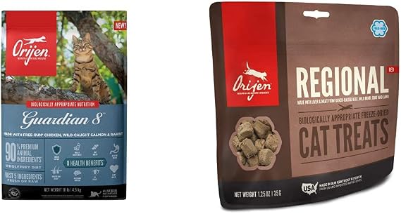 ORIJEN Dry Adult Cat Food, Grain Free, Premium, High Protein, Fresh & Raw Animal Ingredients, Guardian 8, 10lb Freeze Dried Cat Treats, Regional Red, 1.25oz