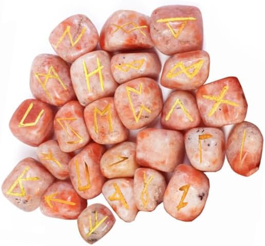 Natural Sunstone Rune Stones Set with Engraved